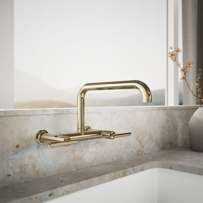 KOHLER K-7549-4 Purist Two-hole wall-mount bridge kitchen sink faucet, vibrant french gold - view 4