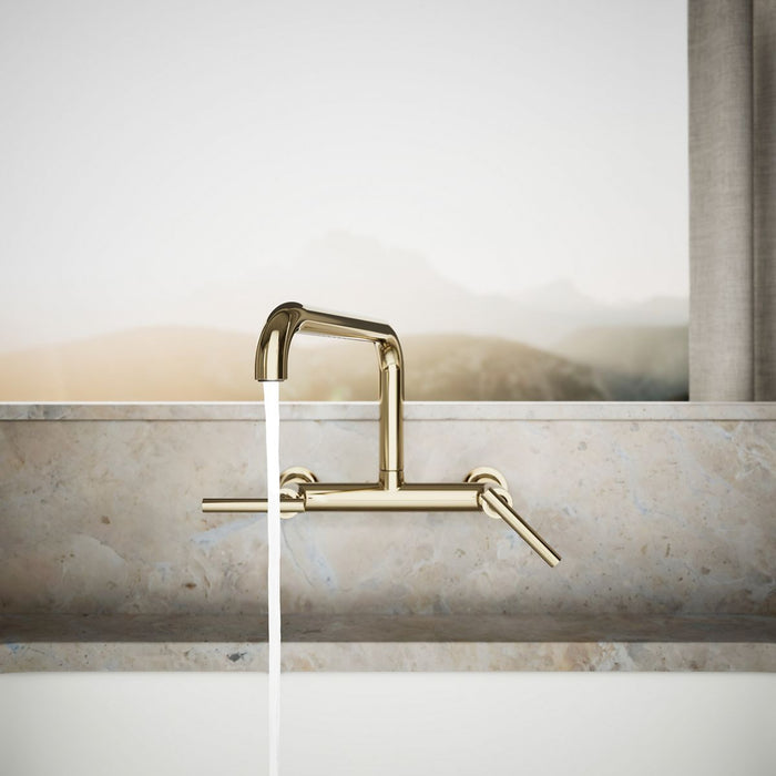 KOHLER K-7549-4 Purist Two-hole wall-mount bridge kitchen sink faucet, vibrant french gold - view 5