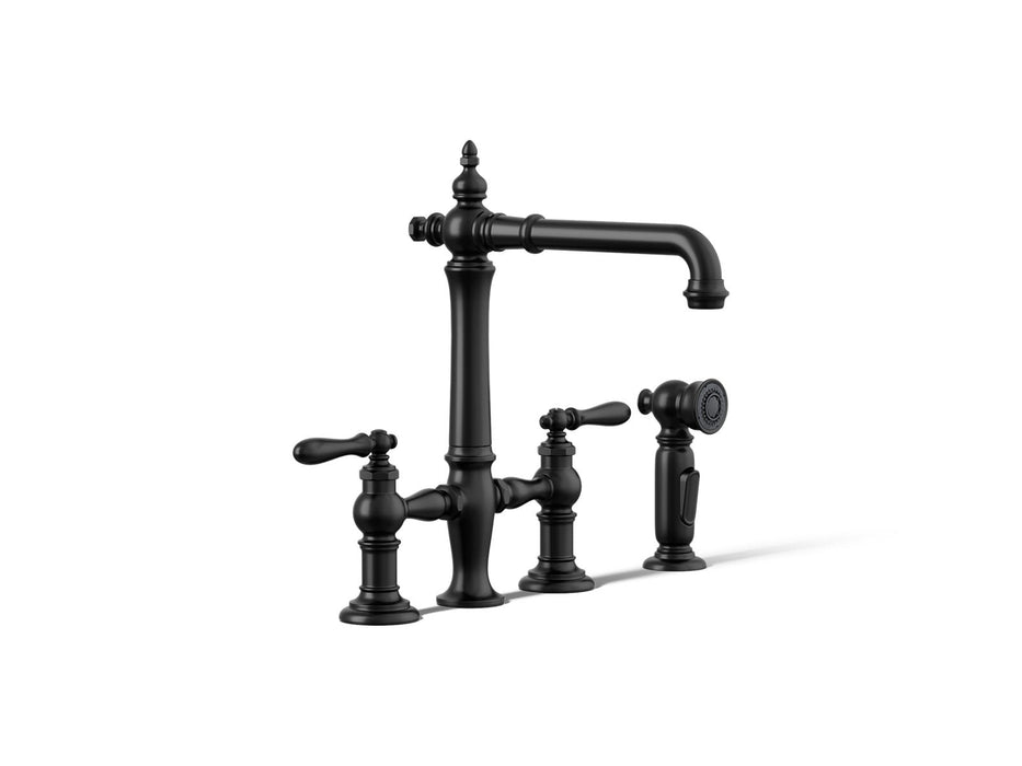 KOHLER K-76519-4 Artifacts Two-hole bridge kitchen sink faucet with side sprayer, matte black
