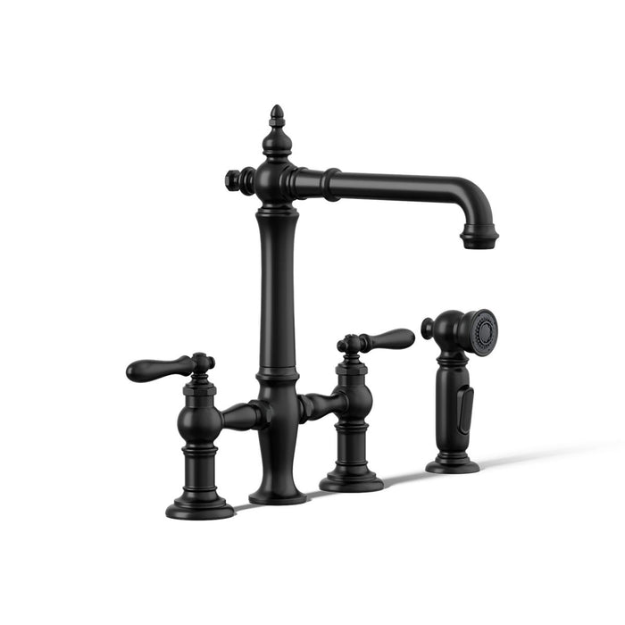 KOHLER K-76519-4 Artifacts Two-hole bridge kitchen sink faucet with side sprayer, matte black - view 4