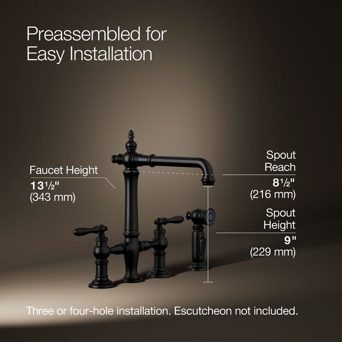 KOHLER K-76519-4 Artifacts Two-hole bridge kitchen sink faucet with side sprayer, matte black - view 5