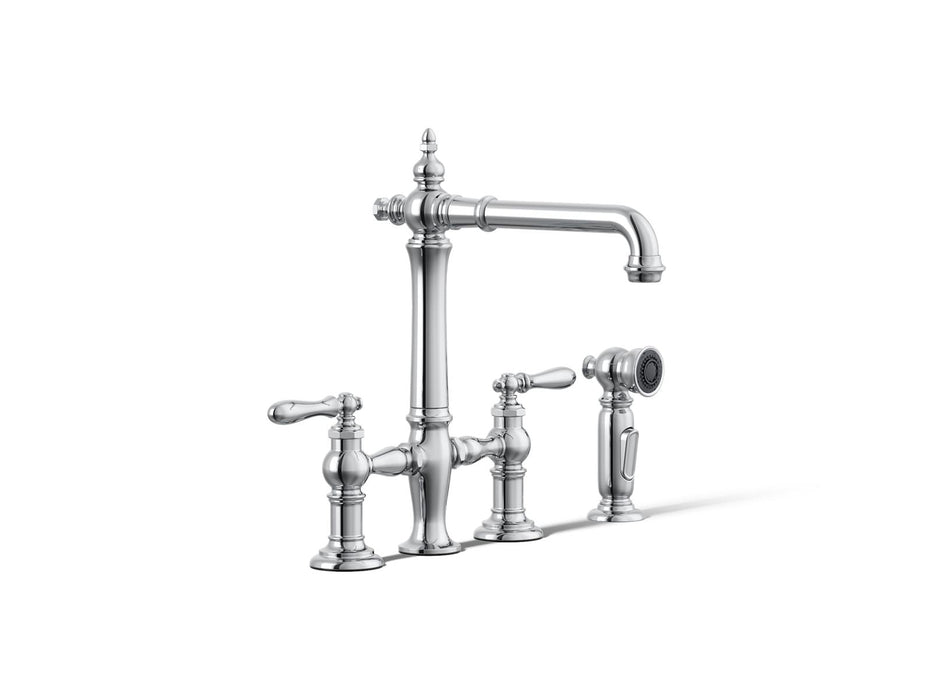 KOHLER K-76519-4 Artifacts Two-hole bridge kitchen sink faucet with side sprayer, polished chrome