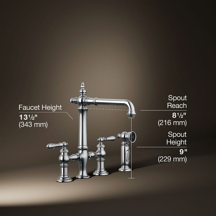 KOHLER K-76519-4 Artifacts Two-hole bridge kitchen sink faucet with side sprayer