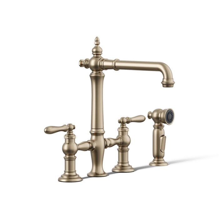 KOHLER K-76519-4 Artifacts Two-hole bridge kitchen sink faucet with side sprayer, vibrant brushed bronze - view 3