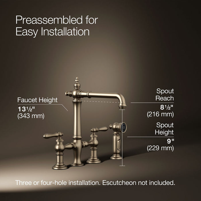 KOHLER K-76519-4 Artifacts Two-hole bridge kitchen sink faucet with side sprayer, vibrant brushed bronze - view 5