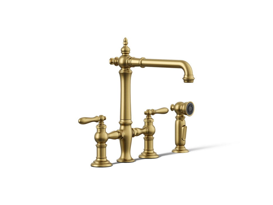 KOHLER K-76519-4 Artifacts Two-hole bridge kitchen sink faucet with side sprayer, vibrant brushed moderne brass