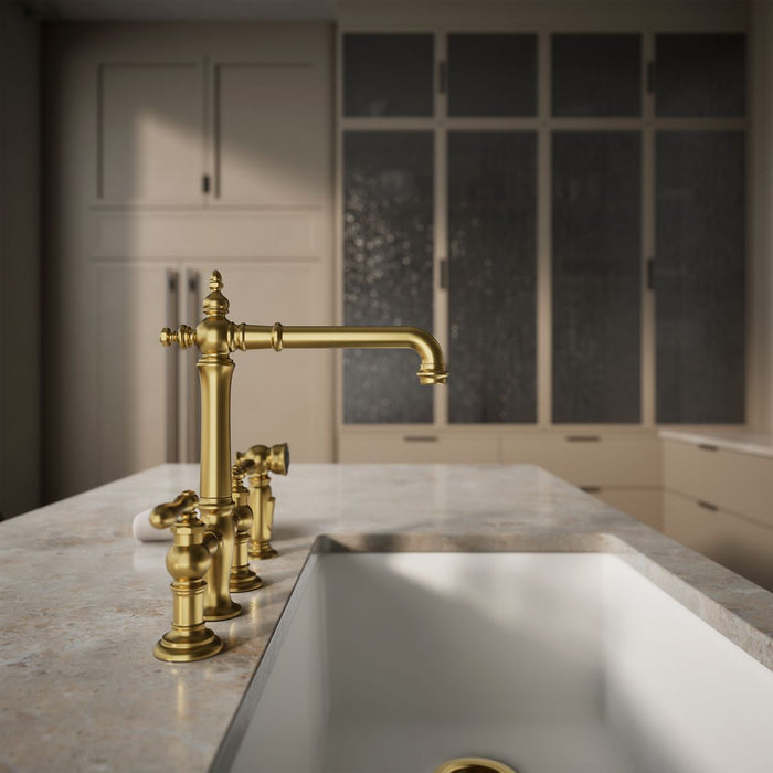 KOHLER K-76519-4 Artifacts Two-hole bridge kitchen sink faucet with side sprayer, vibrant brushed moderne brass - view 2
