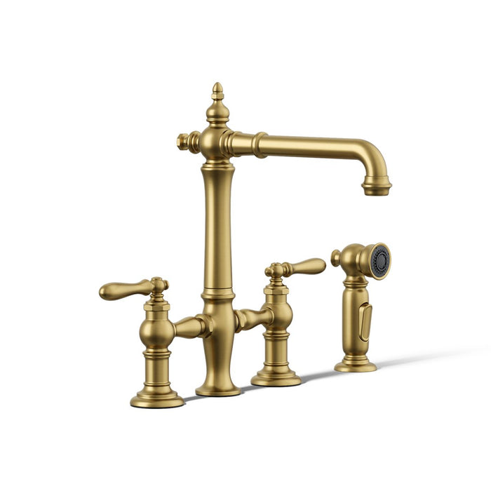 KOHLER K-76519-4 Artifacts Two-hole bridge kitchen sink faucet with side sprayer, vibrant brushed moderne brass - view 5