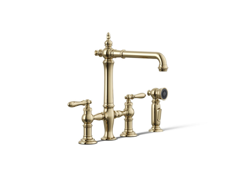 KOHLER K-76519-4 Artifacts Two-hole bridge kitchen sink faucet with side sprayer, vibrant french gold