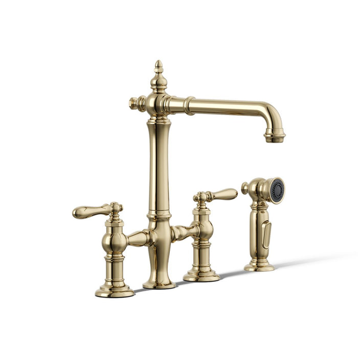 KOHLER K-76519-4 Artifacts Two-hole bridge kitchen sink faucet with side sprayer, vibrant french gold - view 4