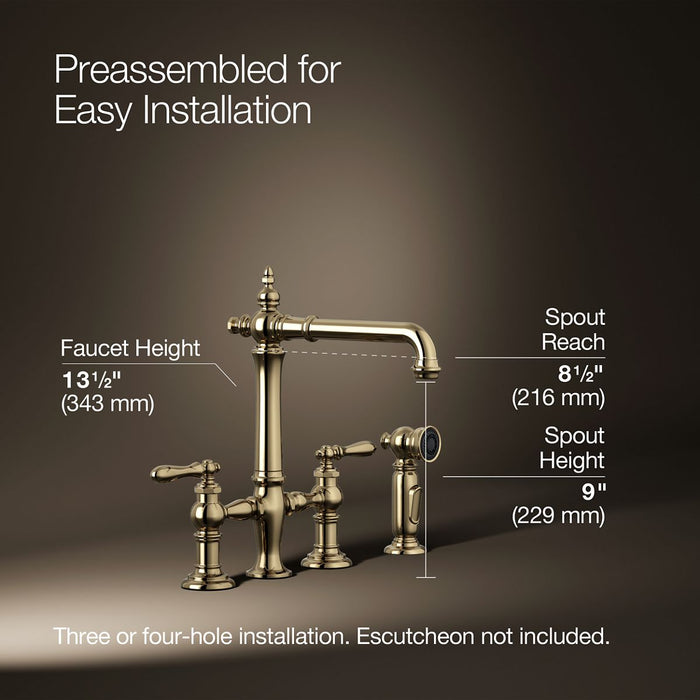 KOHLER K-76519-4 Artifacts Two-hole bridge kitchen sink faucet with side sprayer, vibrant french gold - view 5