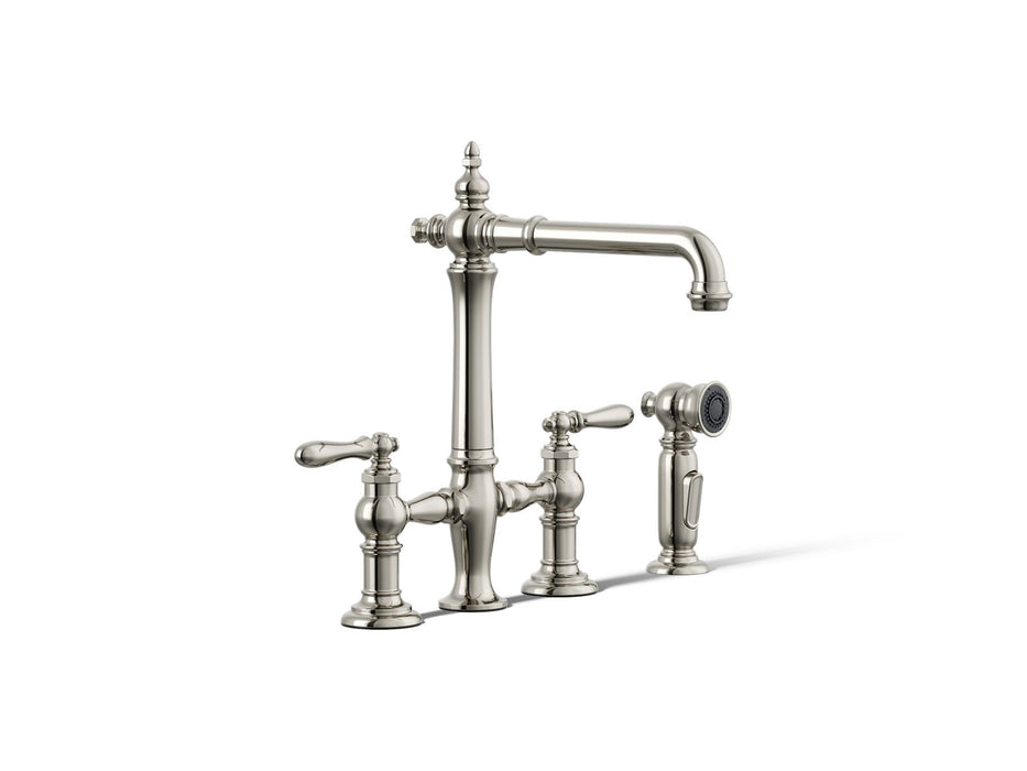 KOHLER K-76519-4 Artifacts Two-hole bridge kitchen sink faucet with side sprayer