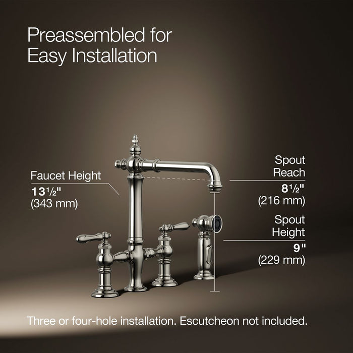 KOHLER K-76519-4 Artifacts Two-hole bridge kitchen sink faucet with side sprayer