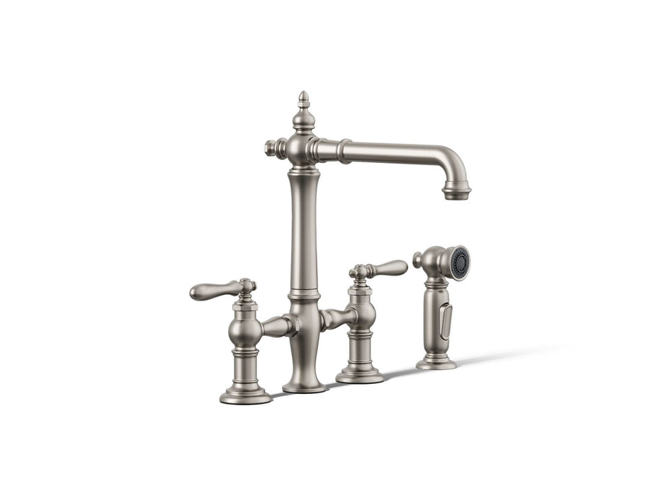 KOHLER K-76519-4 Artifacts Two-hole bridge kitchen sink faucet with side sprayer