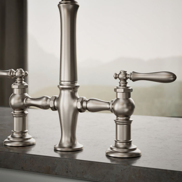 KOHLER K-76519-4 Artifacts Two-hole bridge kitchen sink faucet with side sprayer