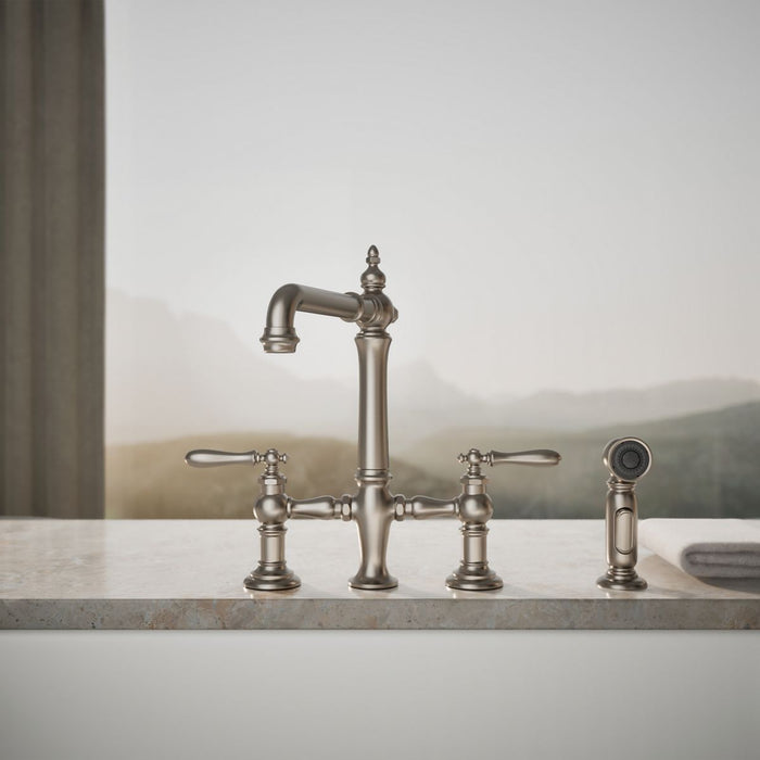 KOHLER K-76519-4 Artifacts Two-hole bridge kitchen sink faucet with side sprayer