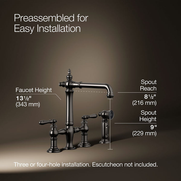 KOHLER K-76519-4 Artifacts Two-hole bridge kitchen sink faucet with side sprayer