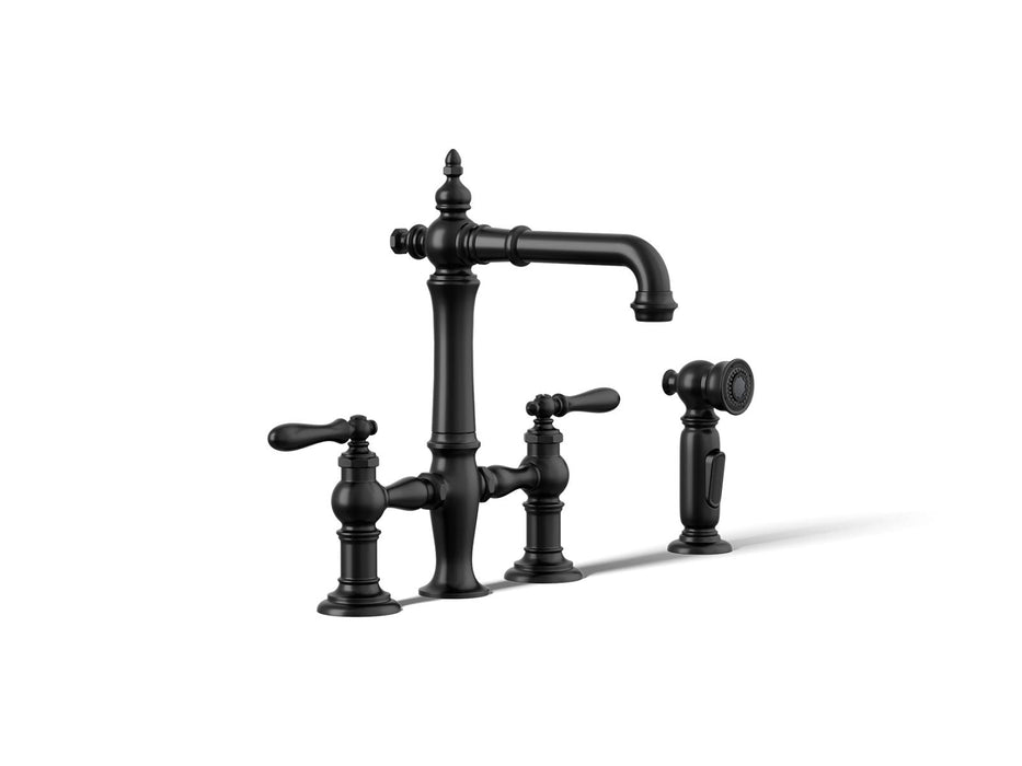 KOHLER K-76520-4 Artifacts Two-hole bridge bar sink faucet with side sprayer, matte black