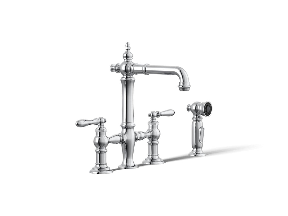 KOHLER K-76520-4 Artifacts Two-hole bridge bar sink faucet with side sprayer, polished chrome