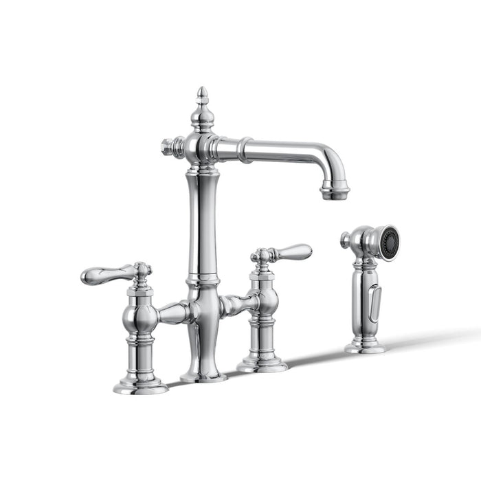 KOHLER K-76520-4 Artifacts Two-hole bridge bar sink faucet with side sprayer, polished chrome - view 4
