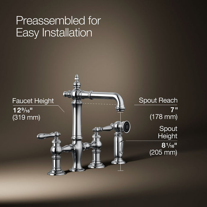 KOHLER K-76520-4 Artifacts Two-hole bridge bar sink faucet with side sprayer, polished chrome - view 5