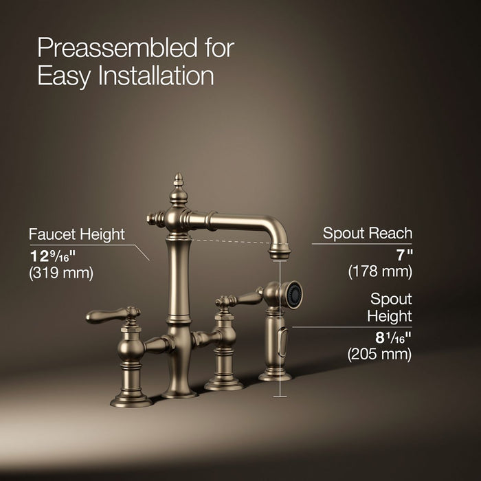KOHLER K-76520-4 Artifacts Two-hole bridge bar sink faucet with side sprayer