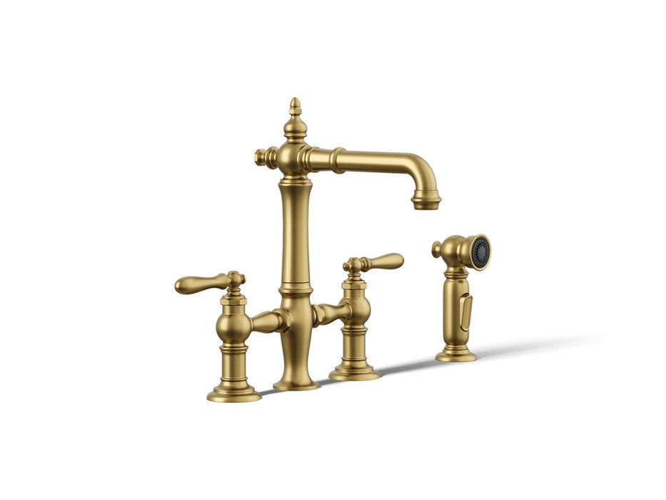 KOHLER K-76520-4 Artifacts Two-hole bridge bar sink faucet with side sprayer, vibrant brushed moderne brass