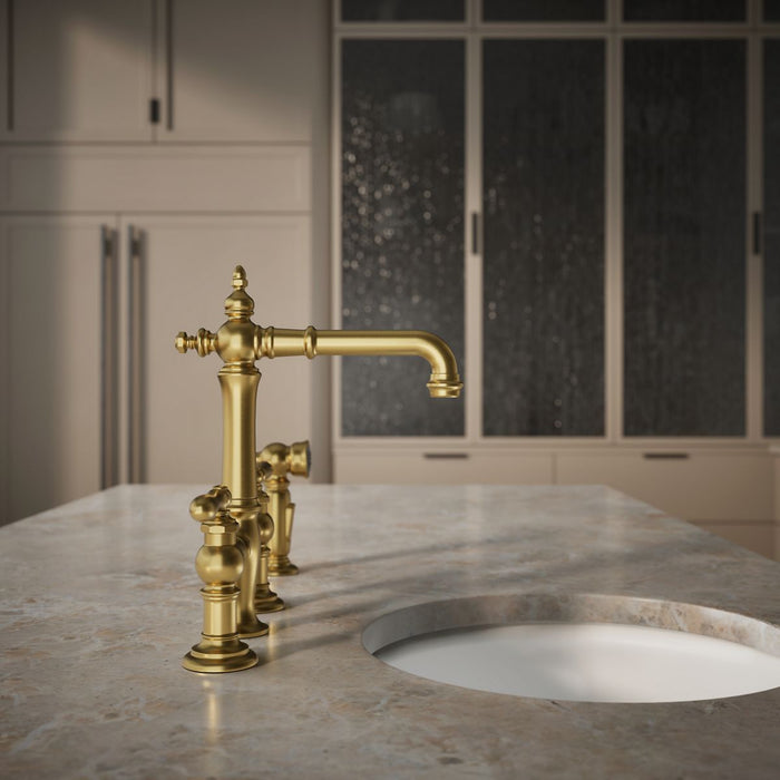 KOHLER K-76520-4 Artifacts Two-hole bridge bar sink faucet with side sprayer, vibrant brushed moderne brass - view 3