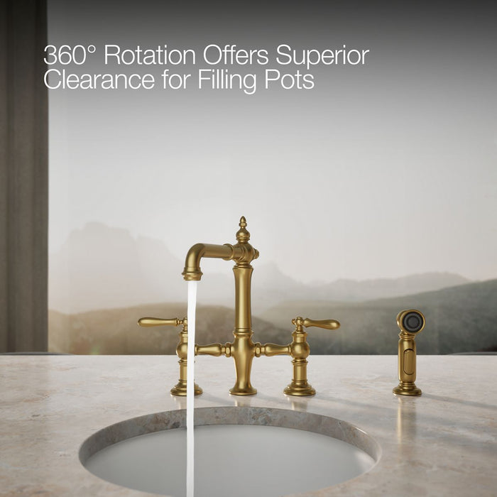 KOHLER K-76520-4 Artifacts Two-hole bridge bar sink faucet with side sprayer, vibrant brushed moderne brass - view 4