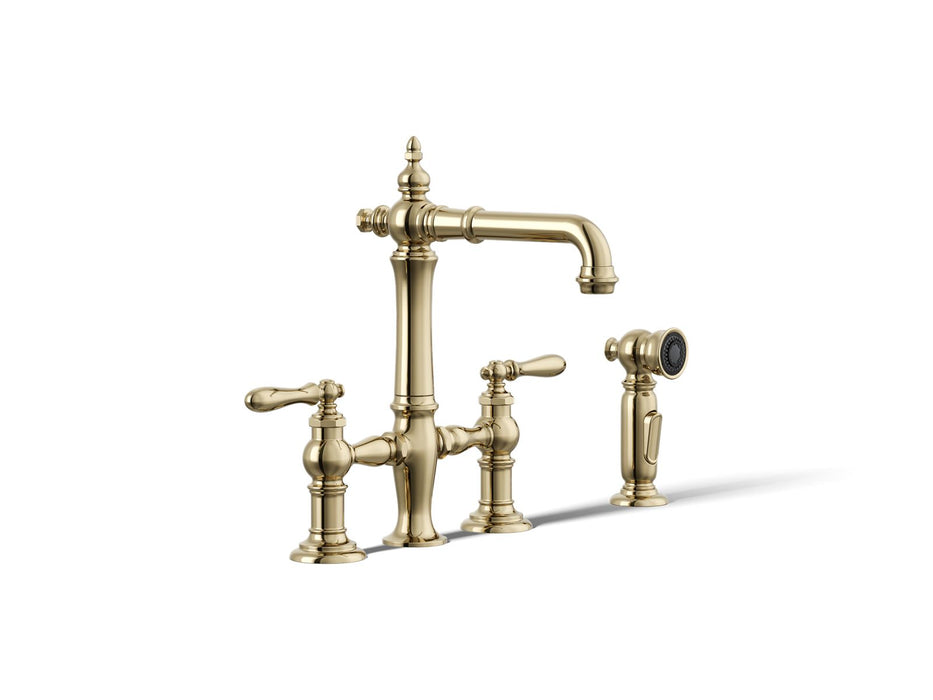 KOHLER K-76520-4 Artifacts Two-hole bridge bar sink faucet with side sprayer, vibrant french gold