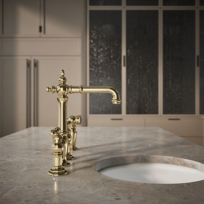 KOHLER K-76520-4 Artifacts Two-hole bridge bar sink faucet with side sprayer, vibrant french gold - view 2