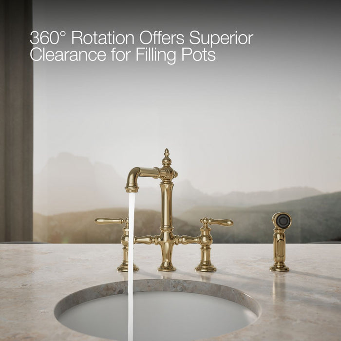 KOHLER K-76520-4 Artifacts Two-hole bridge bar sink faucet with side sprayer, vibrant french gold - view 3