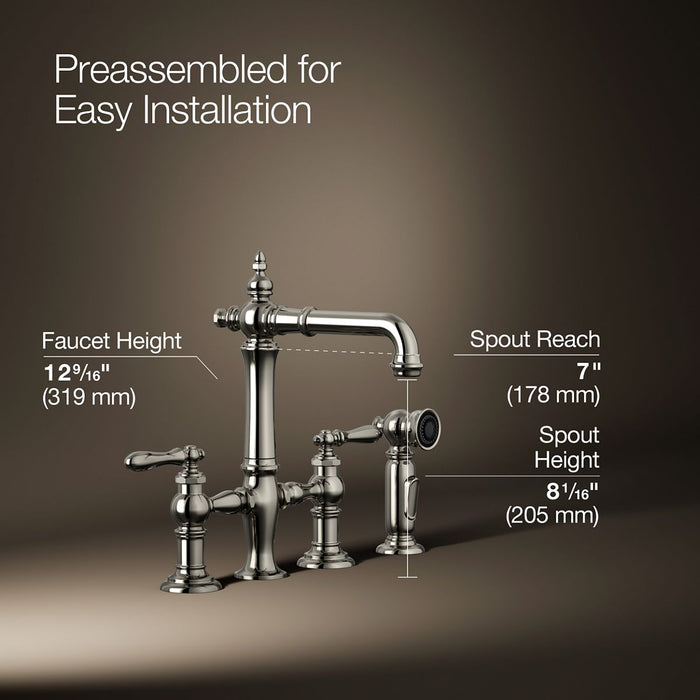 KOHLER K-76520-4 Artifacts Two-hole bridge bar sink faucet with side sprayer