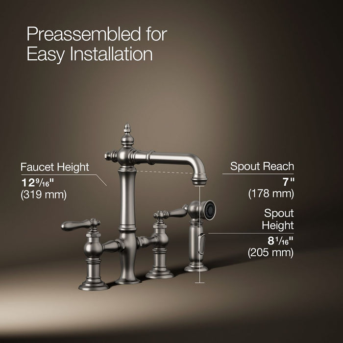 KOHLER K-76520-4 Artifacts Two-hole bridge bar sink faucet with side sprayer