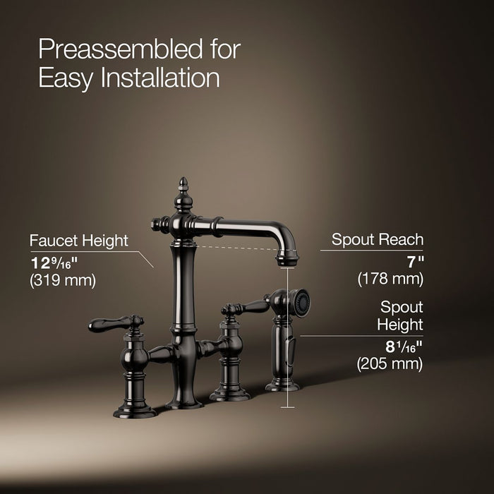KOHLER K-76520-4 Artifacts Two-hole bridge bar sink faucet with side sprayer