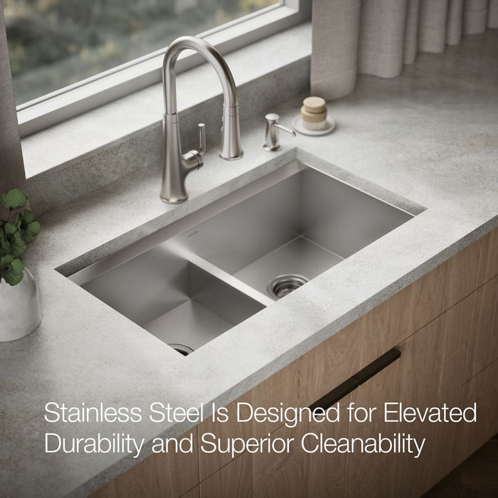 KOHLER K-80085-2PC Task Smart Divide Smart Divide 33" top-/undermount double-bowl workstation kitchen sink, stainless...