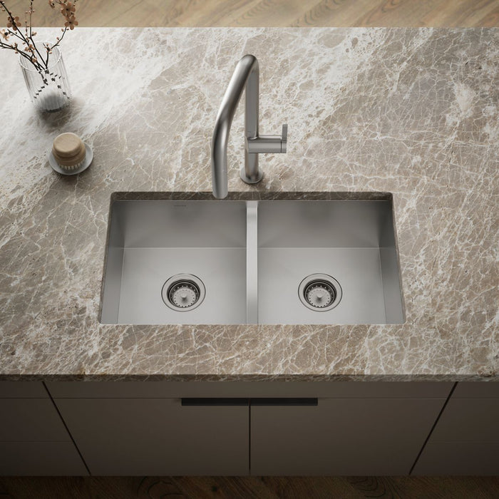 KOHLER K-80167-1 Vault 30-1/2" Top-/undermount Double-bowl Kitchen Sink, Stainless Steel - Shows close up detail of product i