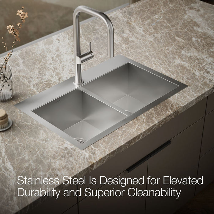 KOHLER K-80167-1 Vault 30-1/2" Top-/undermount Double-bowl Kitchen Sink, Stainless Steel - Detail image of a product feature