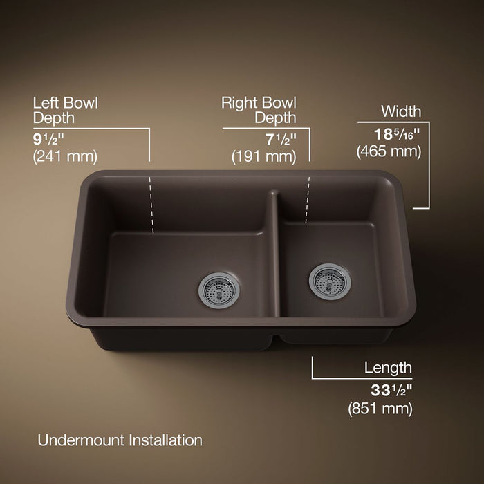 KOHLER K-8204 Cairn 33-1/2" undermount double-bowl kitchen sink, matte brown - view 5
