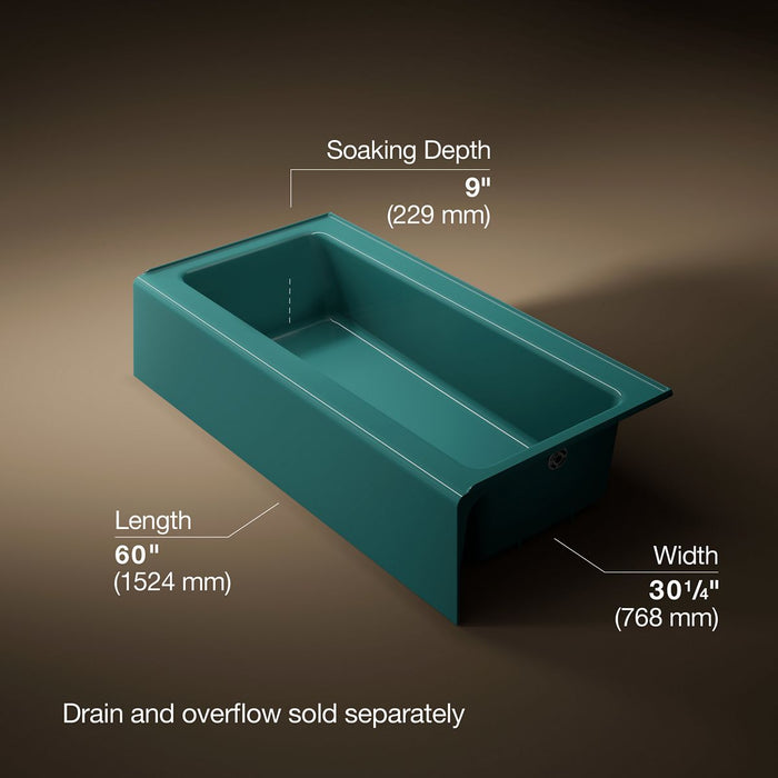 KOHLER K-838 Bellwether 60" x 30-1/4" alcove bath, right drain, teal - view 4