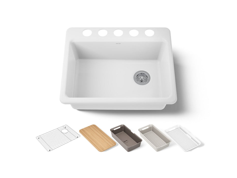 KOHLER K-8668 Riverby 27" Undermount Single-bowl Workstation Kitchen Sink, white