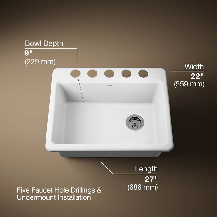 KOHLER K-8668 Riverby 27" Undermount Single-bowl Workstation Kitchen Sink