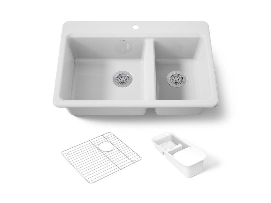KOHLER K-8669-1A2 Riverby 33" top-mount double-bowl workstation kitchen sink, white