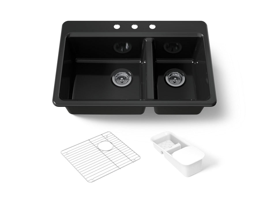 KOHLER K-8669-3A2 Riverby 33" top-mount double-bowl workstation kitchen sink, black black