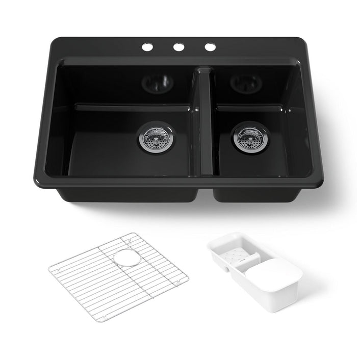 KOHLER K-8669-3A2 Riverby 33" top-mount double-bowl workstation kitchen sink, black black - view 3