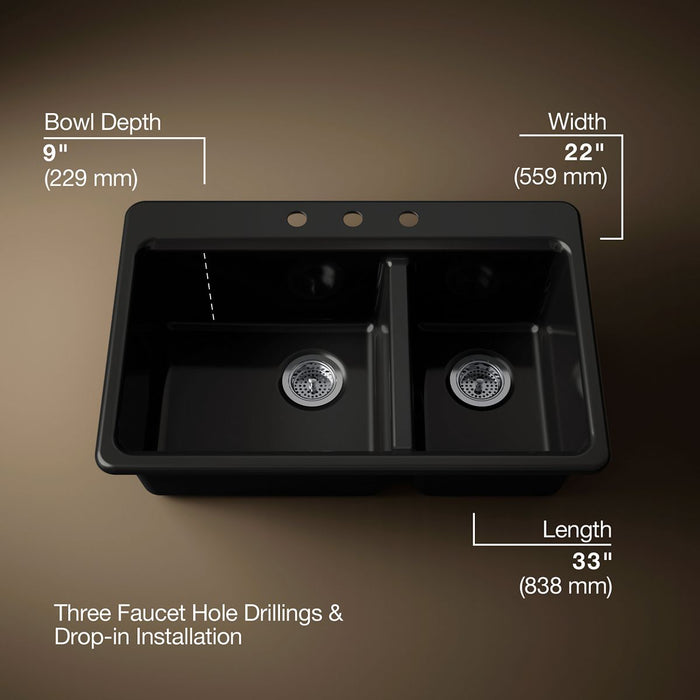 KOHLER K-8669-3A2 Riverby 33" top-mount double-bowl workstation kitchen sink, black black - view 4