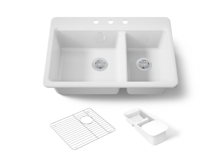 KOHLER K-8669-3A2 Riverby 33" top-mount double-bowl workstation kitchen sink, white