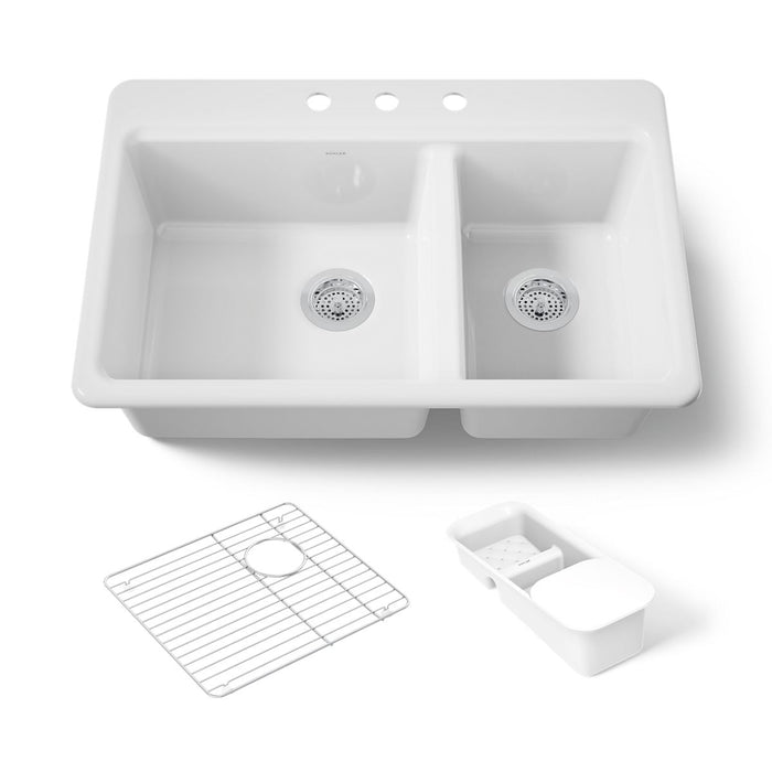 KOHLER K-8669-3A2 Riverby 33" top-mount double-bowl workstation kitchen sink, white - view 4
