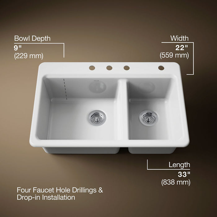 KOHLER K-8669 Riverby 33" Top-mount Double-bowl Kitchen Sink, white - view 5