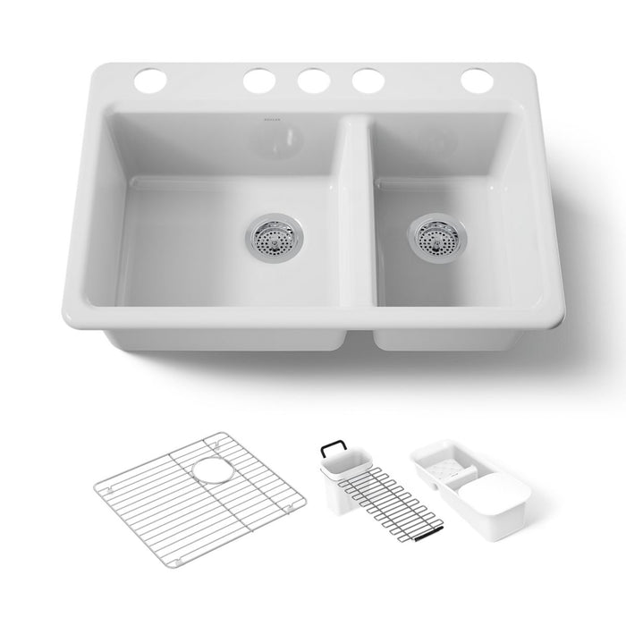 KOHLER K-8669-5UA3 Riverby 33" undermount double-bowl workstation kitchen sink, white - view 5